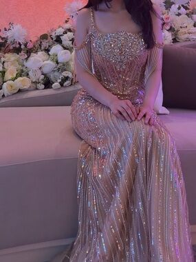 Cinderella Gold Beaded Fringe Prom Dress